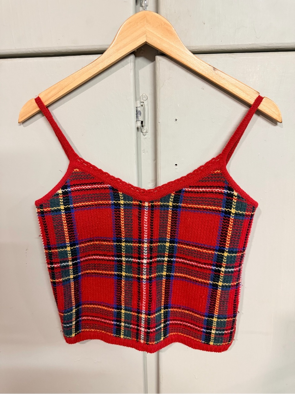 Ralph Lauren Red Plaid LambsWool Knit Cropped V-Neck Spaghetti Strap Tank S